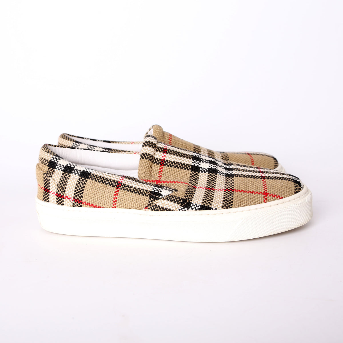 Burberry Tan Check Slip-On Sneakers with White & Red Accents Salmond Check Leather Low-Top Sneakers | Neiman Marcus main image 3