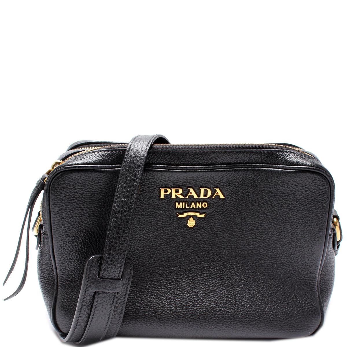 Prada Black Vitello Daino Leather Double Zip Medium Camera Crossbody Bag  Prada