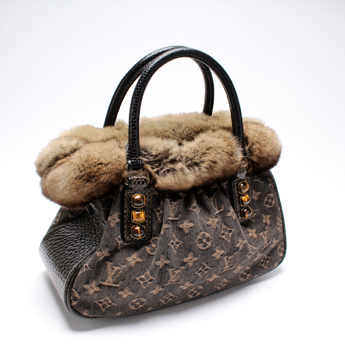 Louis Vuitton Trapeze Handbag Denim with Fur and Lizard PM