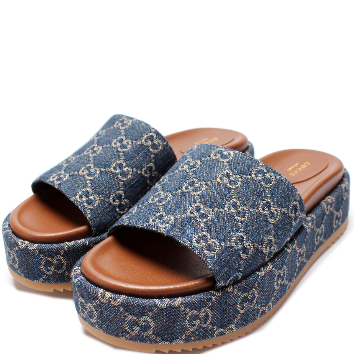 Shop Gucci Angelina GG Supreme Denim Slide Sandals