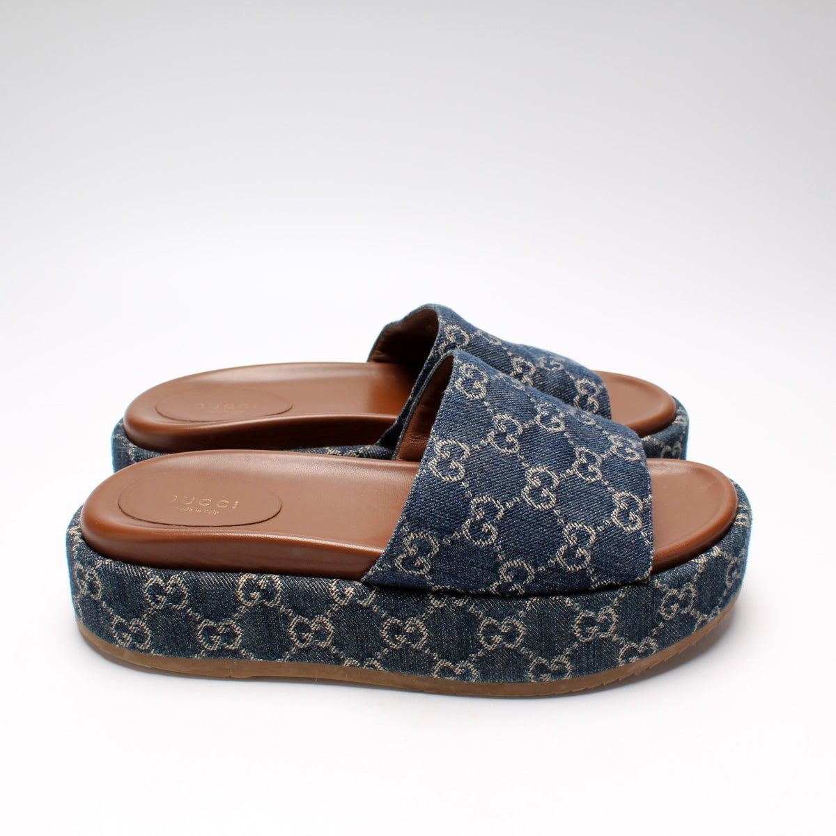 Shop Gucci Angelina GG Supreme Denim Slide Sandals