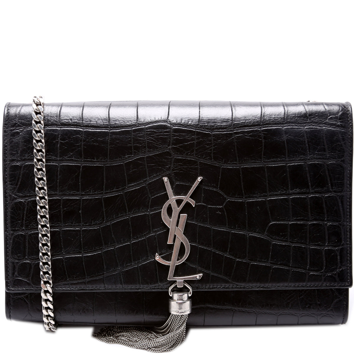 Saint Laurent Kate Monogram Ysl Medium Crocodile-Embossed Tassel Shoulder Bag Noir