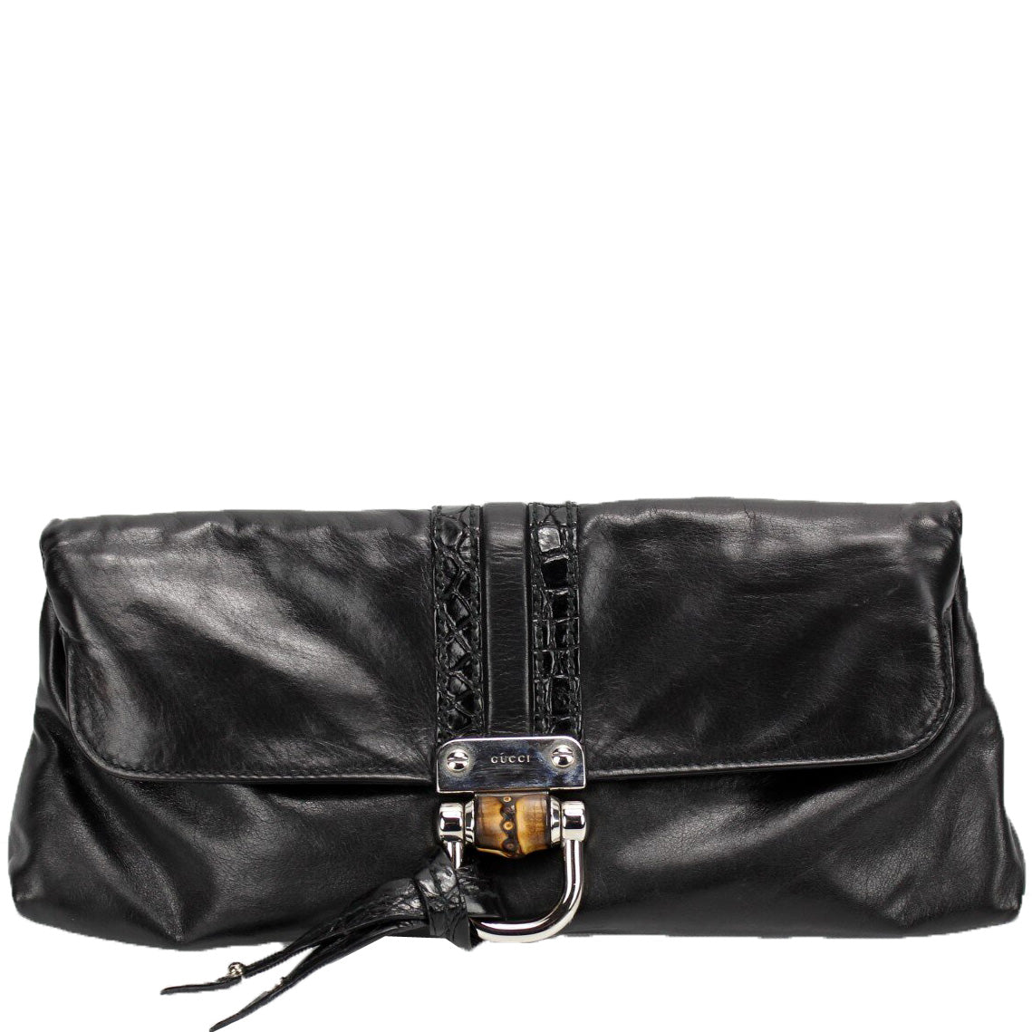 Gucci Black Leather Croisette Bamboo Evening Bag 