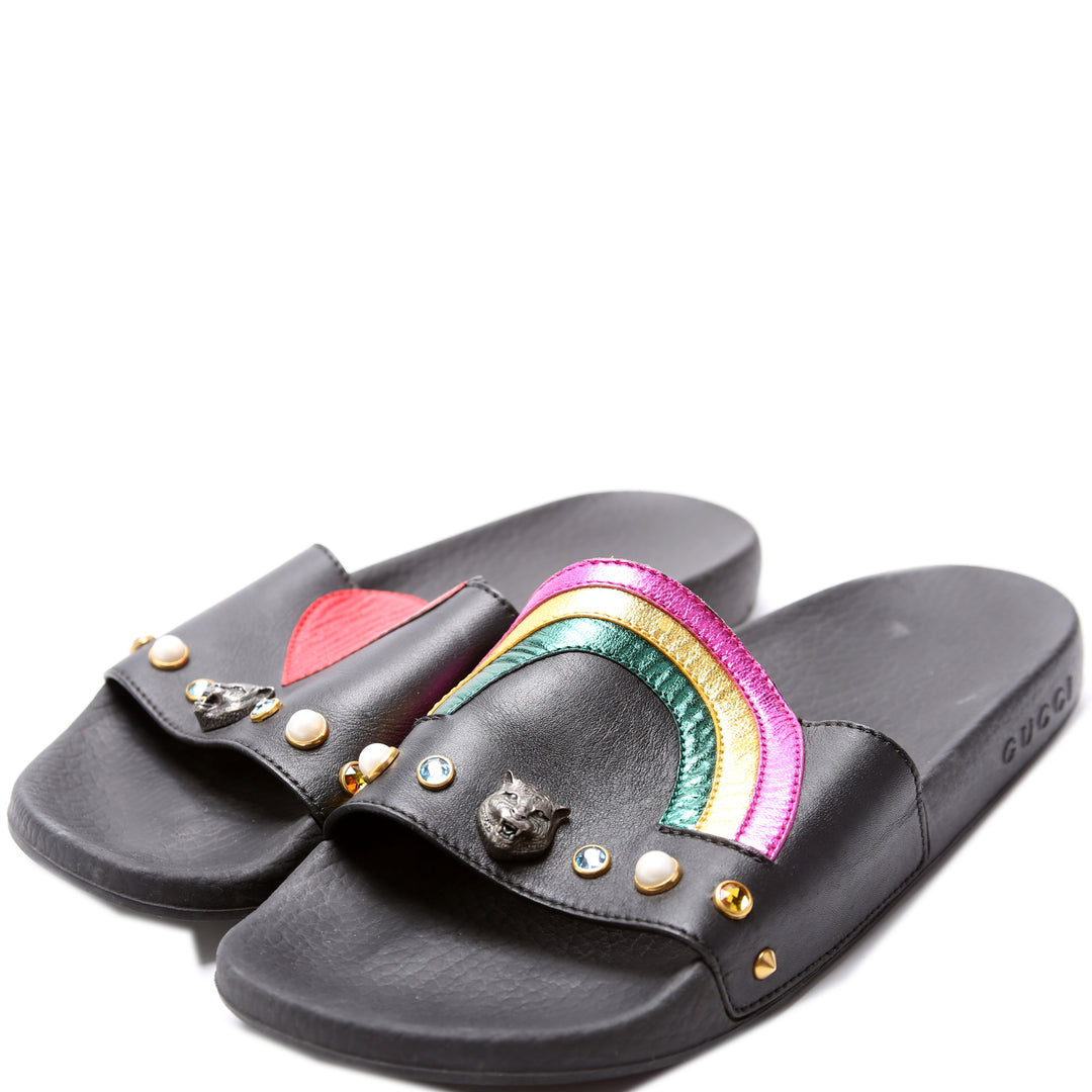 Rainbow Heart Pursuit Calfskin Rubber Slides Size 37