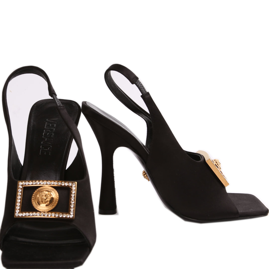 サンダル・ミュール VERSACE Satin rhinestone slingback (10077271A04185 1B00P) Medusa Crystal Satin Open Toe Slingback Sandals Size 38