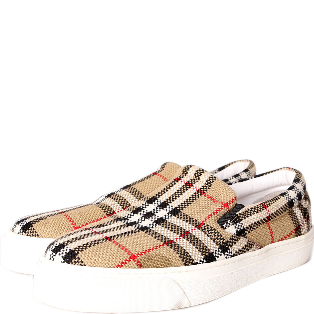 Burberry Tan Check Slip-On Sneakers with White & Red Accents Burberry Curt Check Boucle Slip-On Sneakers | Neiman Marcus main image 3