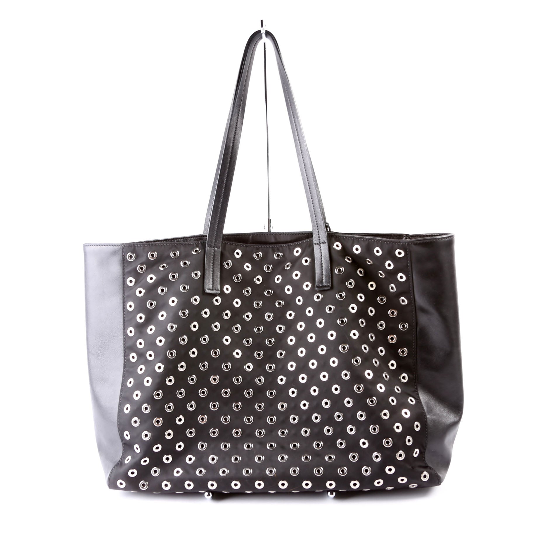 Tressuto/Leather Grommet Tote Black/Silver