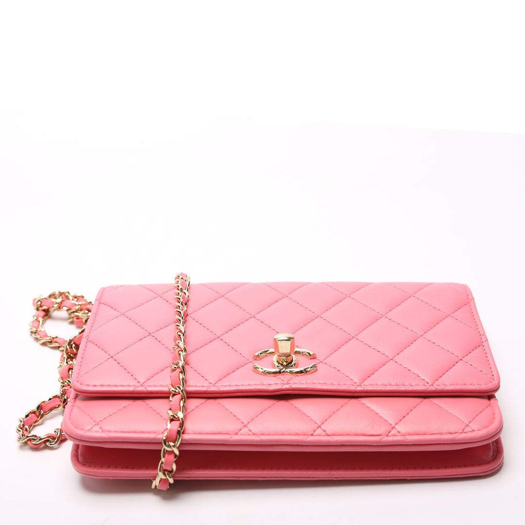 Wallet On Chain Trendy CC Quilted Lambskin RFID Pink