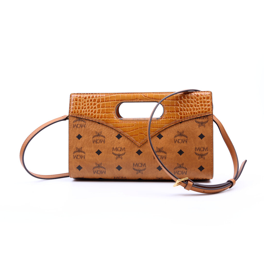 Visetos/Crocodile Embossed Leather Diamond Tote Small Cognac