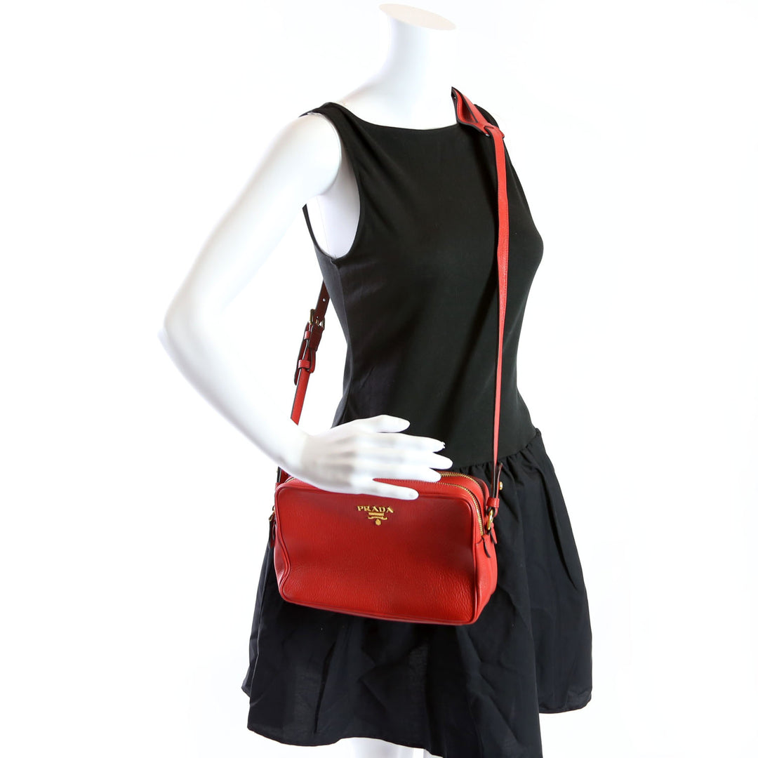 Vitello Daino Double Zip Camera Bag Red/Gold