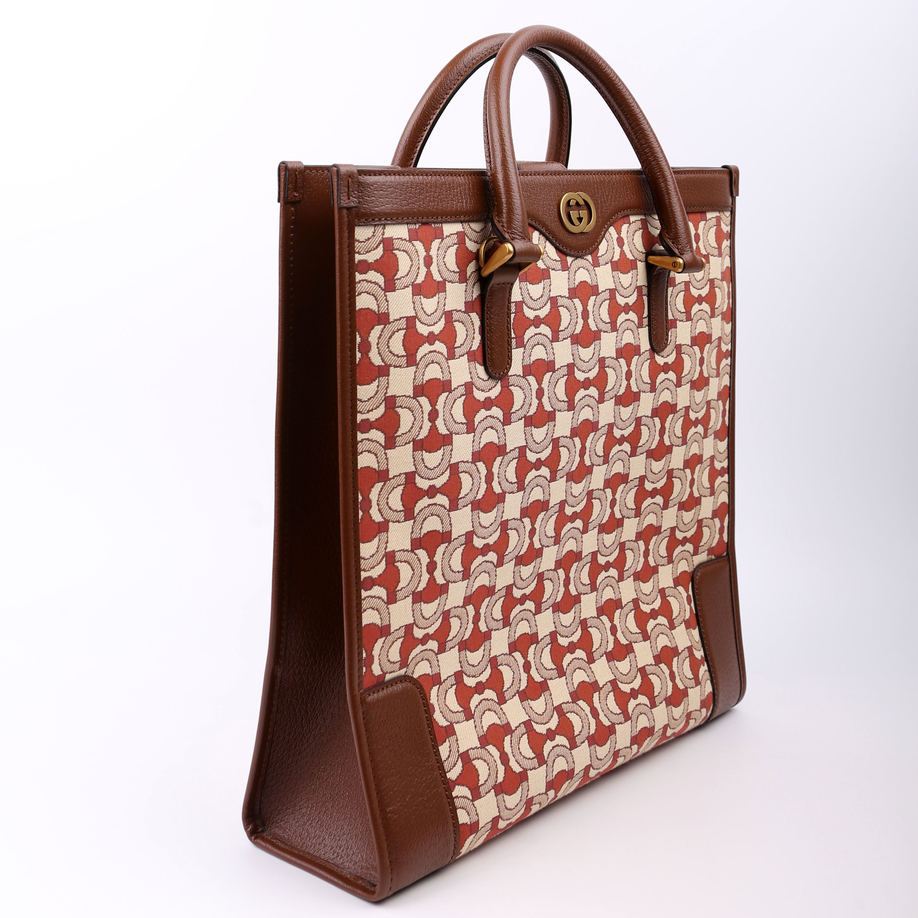 752586 Interlocking G Jacquard Horsebit Tote Brown