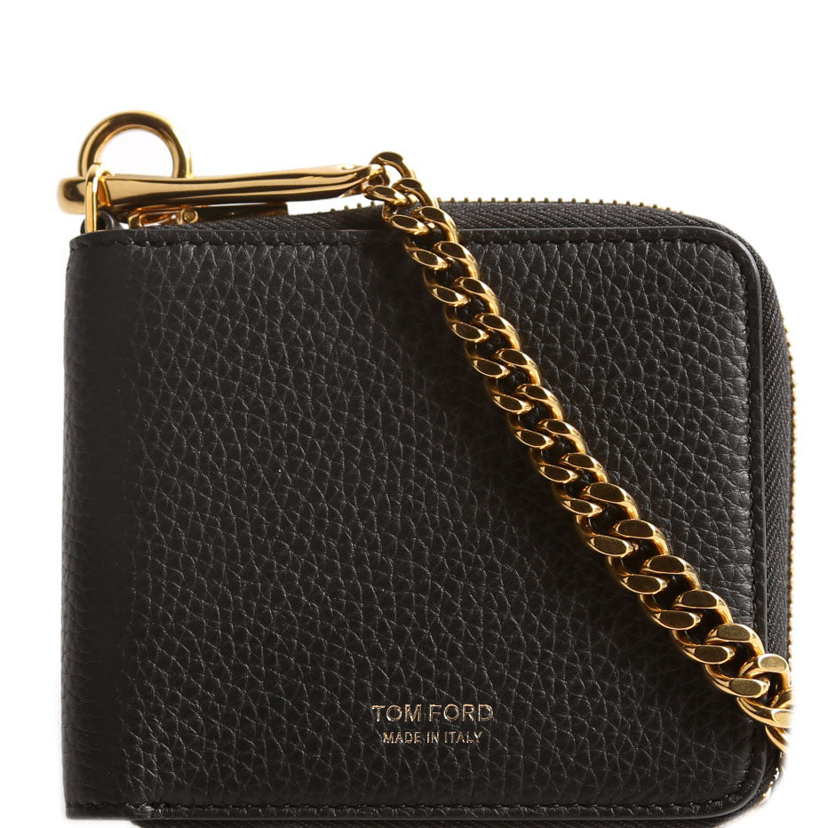 Men's Chain Zip Around Bifold Wallet Grain Leather Black