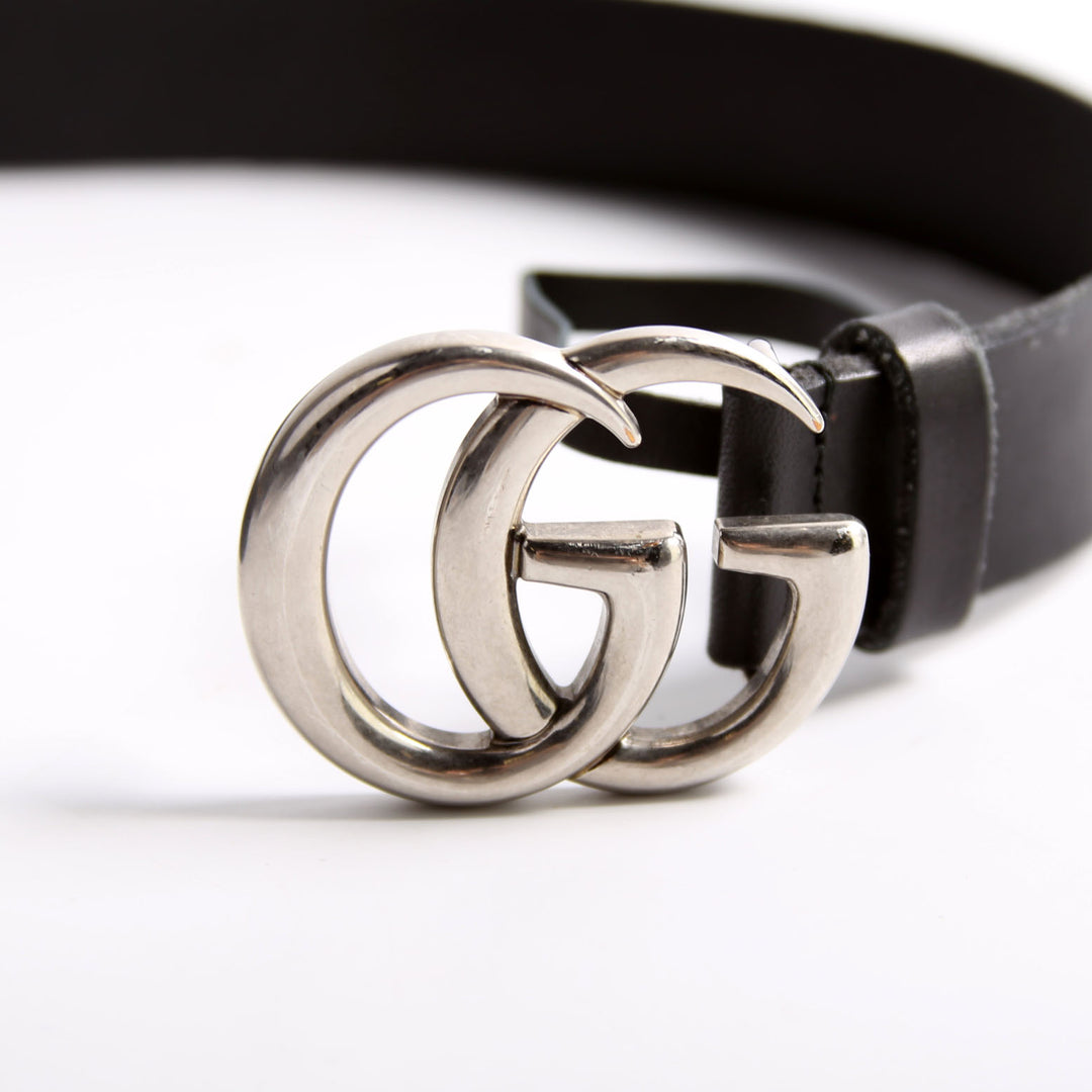 Authentic Gucci Black Raw Edge Leather Marmont Belt Silver Buckle 414516 85/34 414516 GG Marmont Belt Size 85/34 Black main image 4