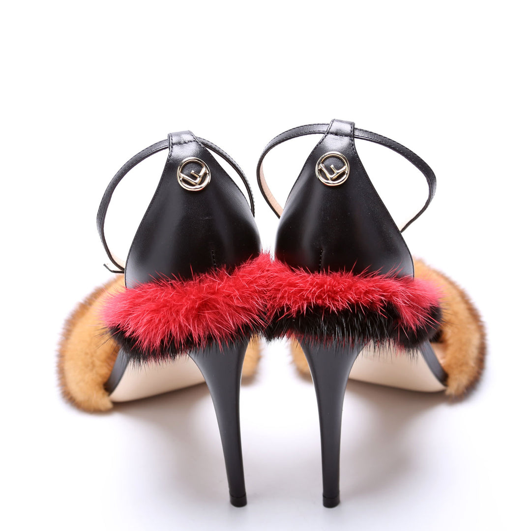 FF Mink Fur Ankle Strap Sandals Size 40 Black/Red