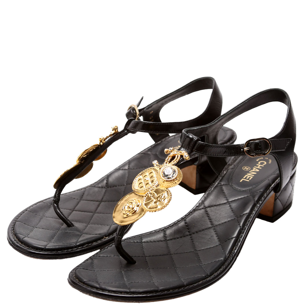 シャネル デカCC金具ミュール#38 Medallion CC Thong Sandals Size 38 Black/Gold