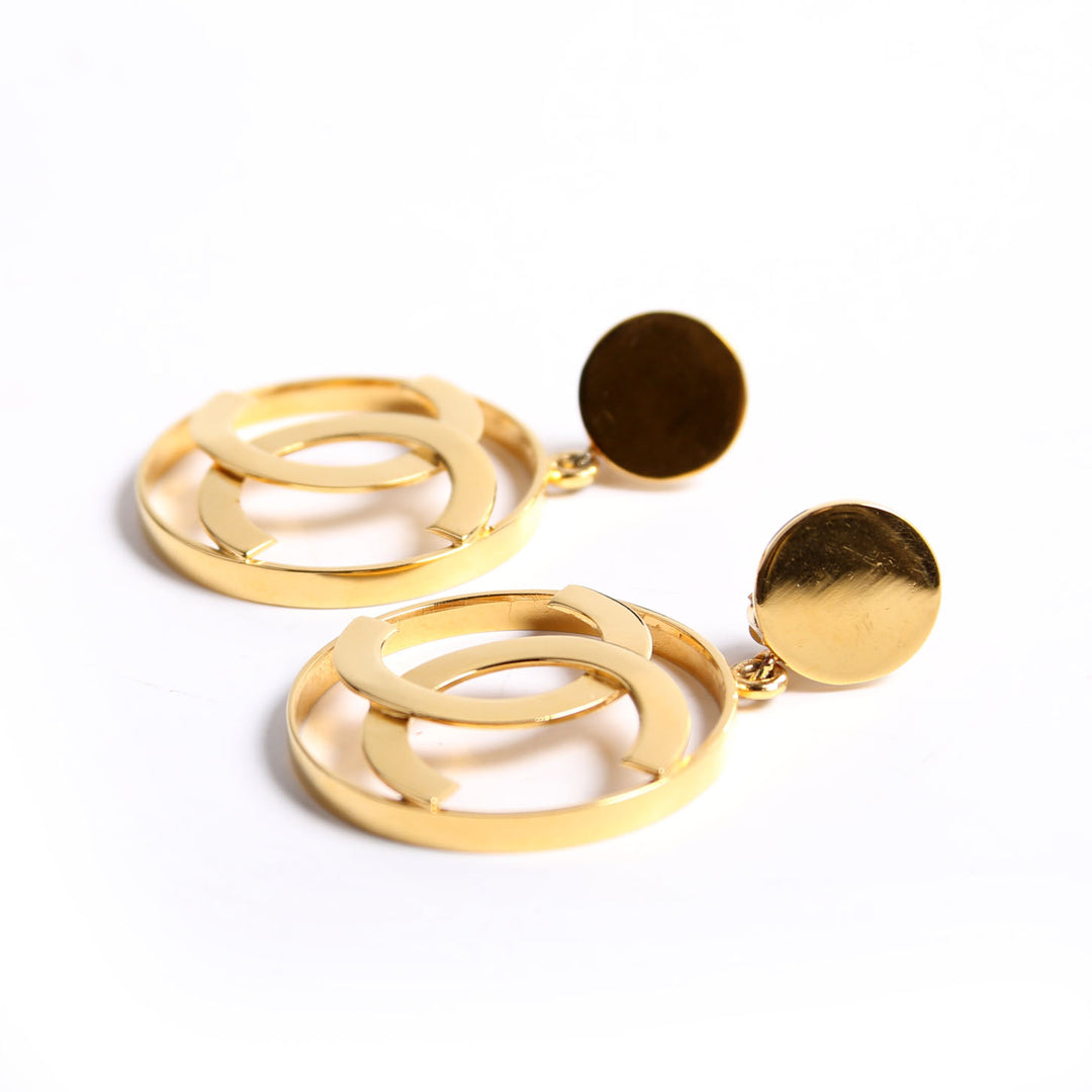 Jumbo CC Hoop Drop Earrings Clip-On Vintage Gold