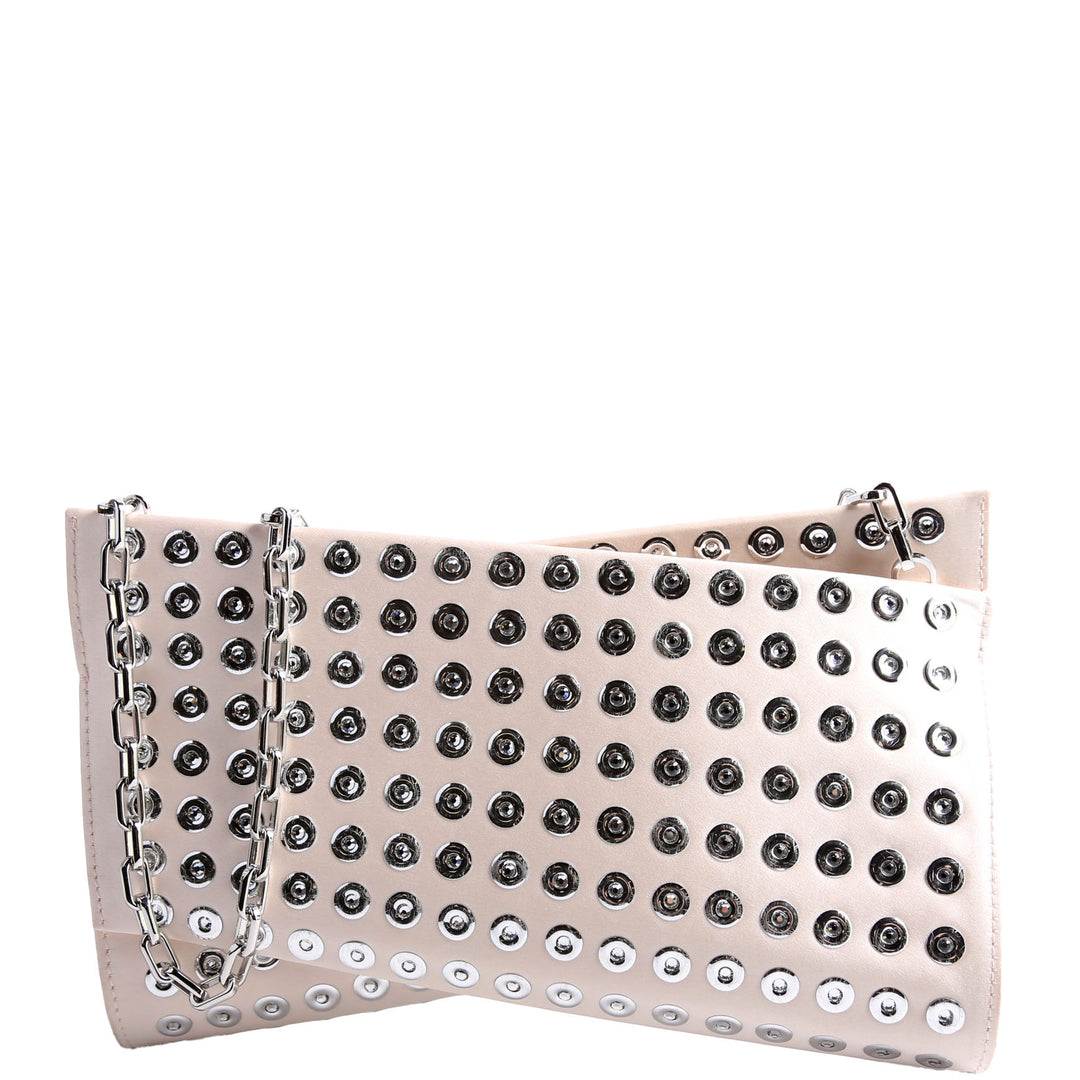 Loubitwist Satin Crystal Zip Chain Clutch Cream