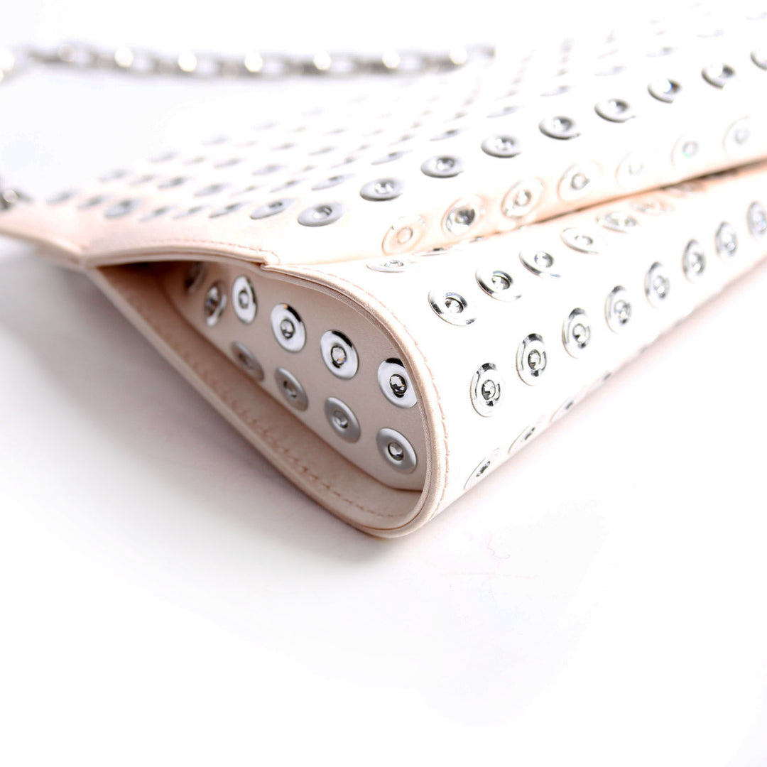 Loubitwist Satin Crystal Zip Chain Clutch Cream