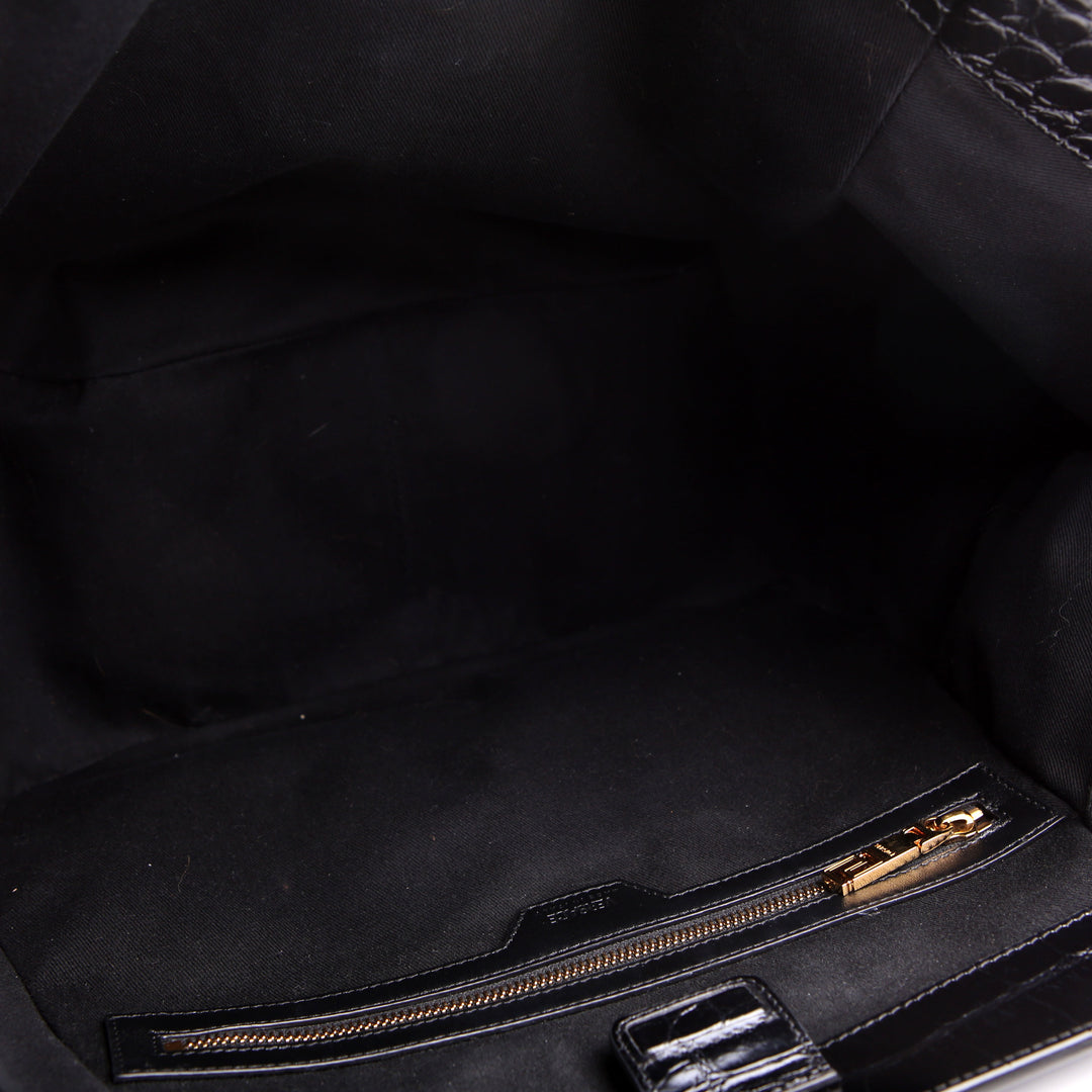 Greca Goddess Tote Croc Embossed Black