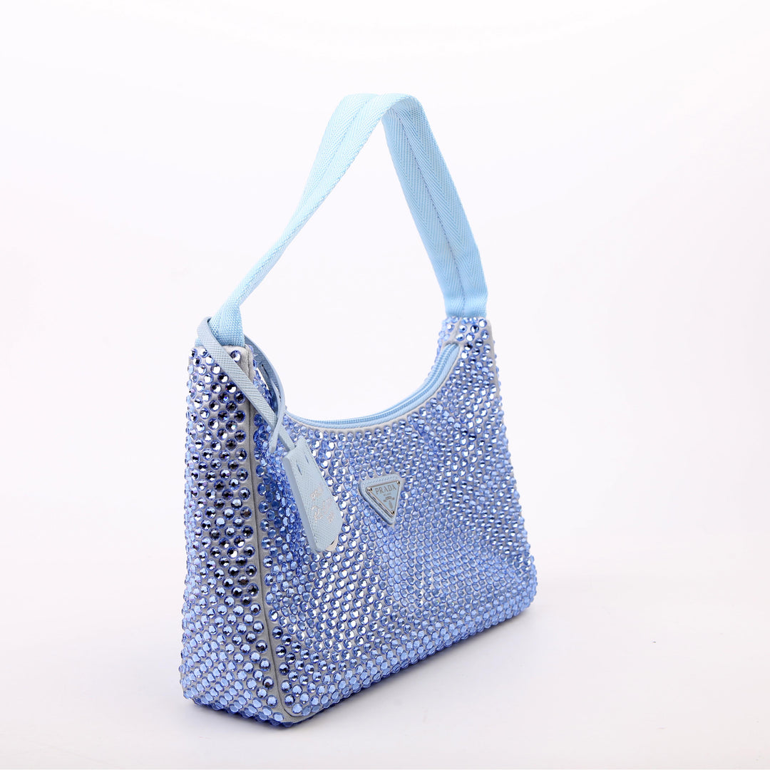 PRADA　ハンドバッグ ラメ 刺繍　レア 1BC515 Satin Crystal Re-Edition 2000 Mini Bag Blue
