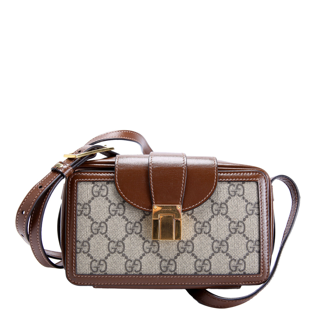 614368 GG Supreme Mini Clasp Crossbody Brown