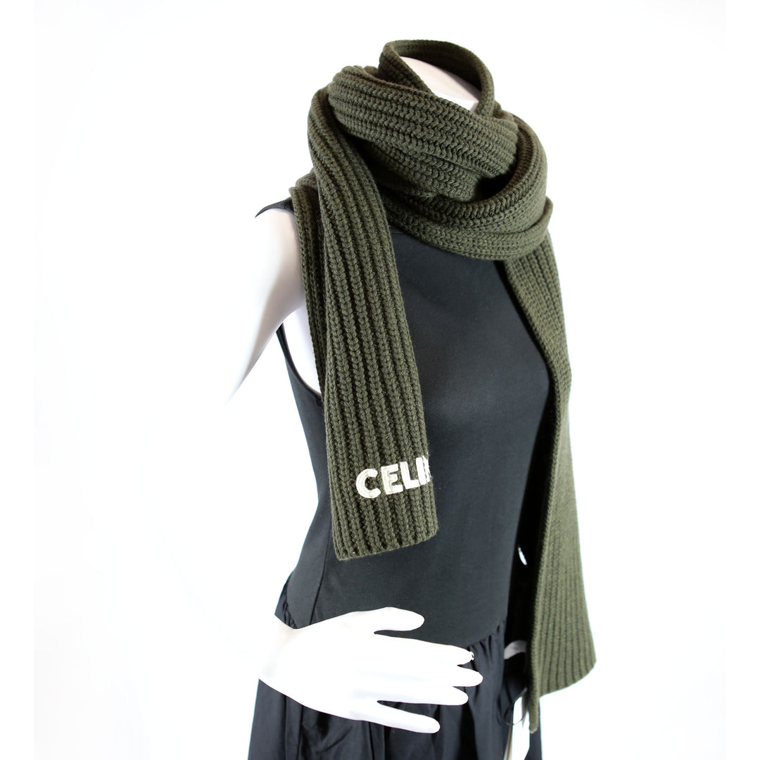 Logo Ribbed Wool Muffler Scarf Green