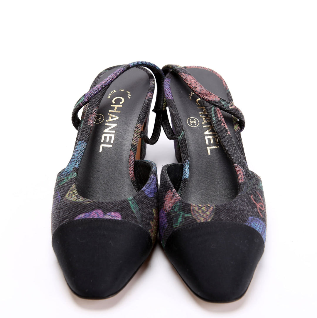 CC Denim Cap Toe Slingback Pumps Size 36 Black/Multicolor