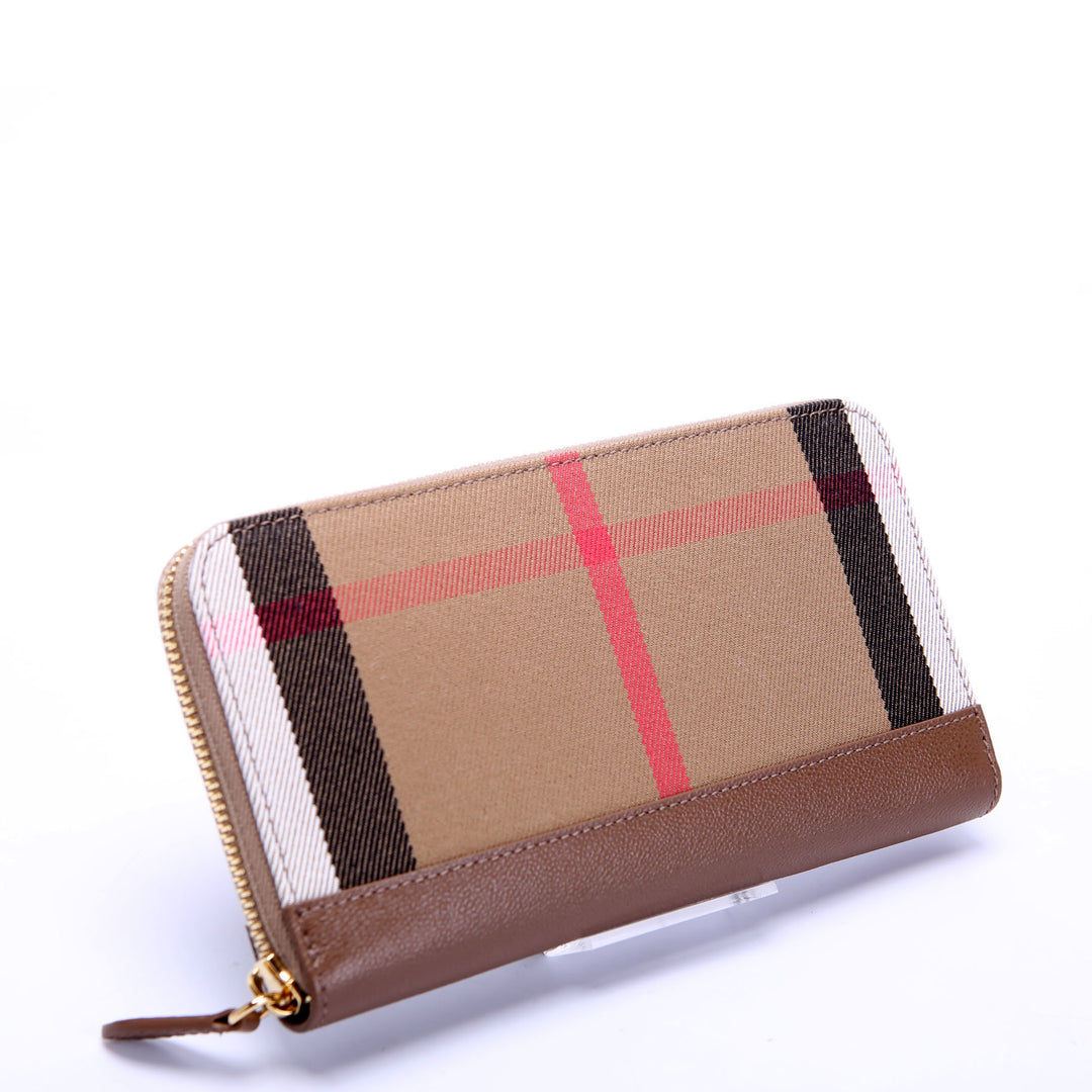 8084519 House Check/Leather Zip Around Wallet Brown