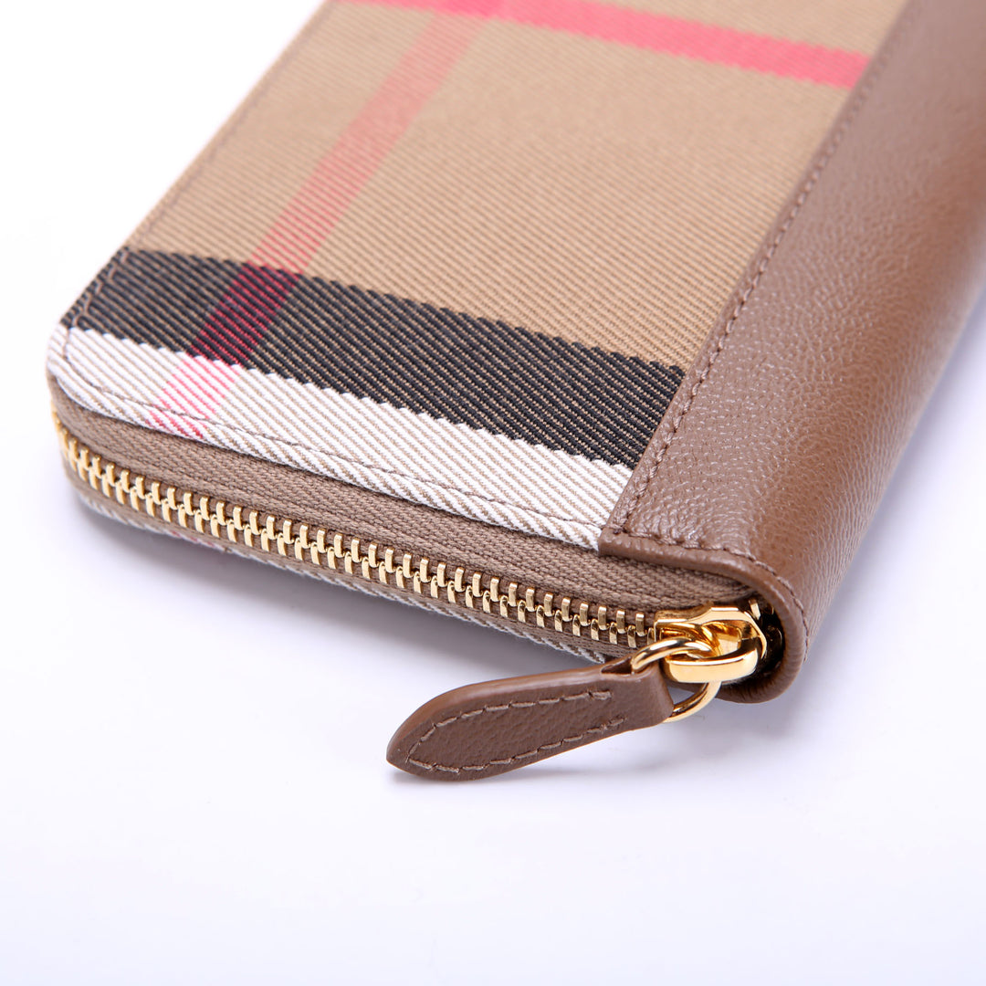 8084519 House Check/Leather Zip Around Wallet Brown