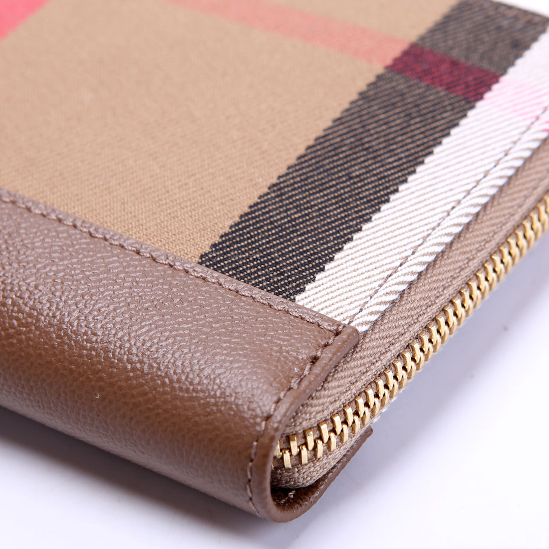 8084519 House Check/Leather Zip Around Wallet Brown