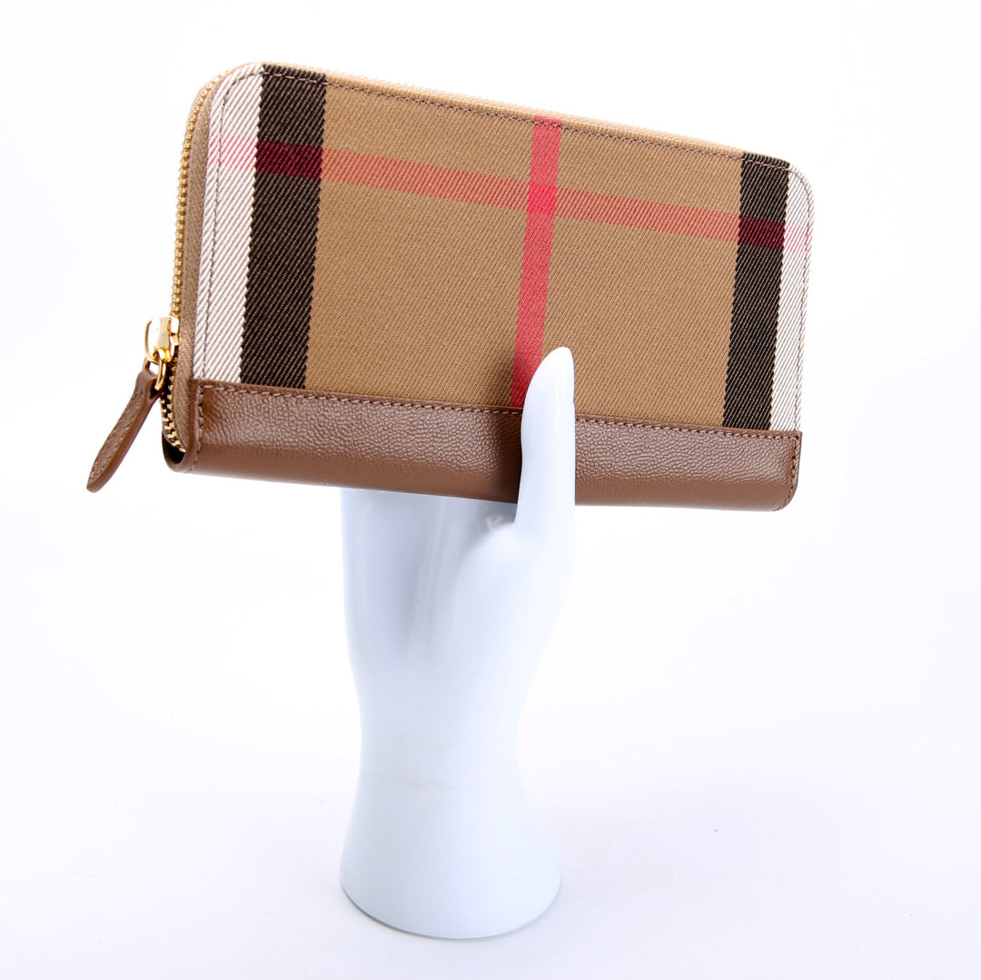 8084519 House Check/Leather Zip Around Wallet Brown
