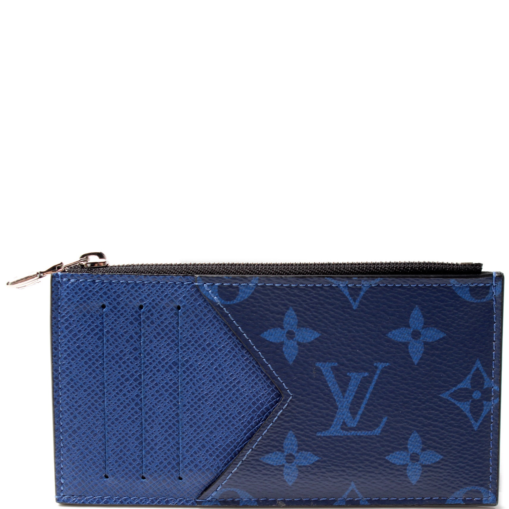 Authentic Louis Vuitton Blue Monogram Canvas/Taiga Leather Coin Card Holder