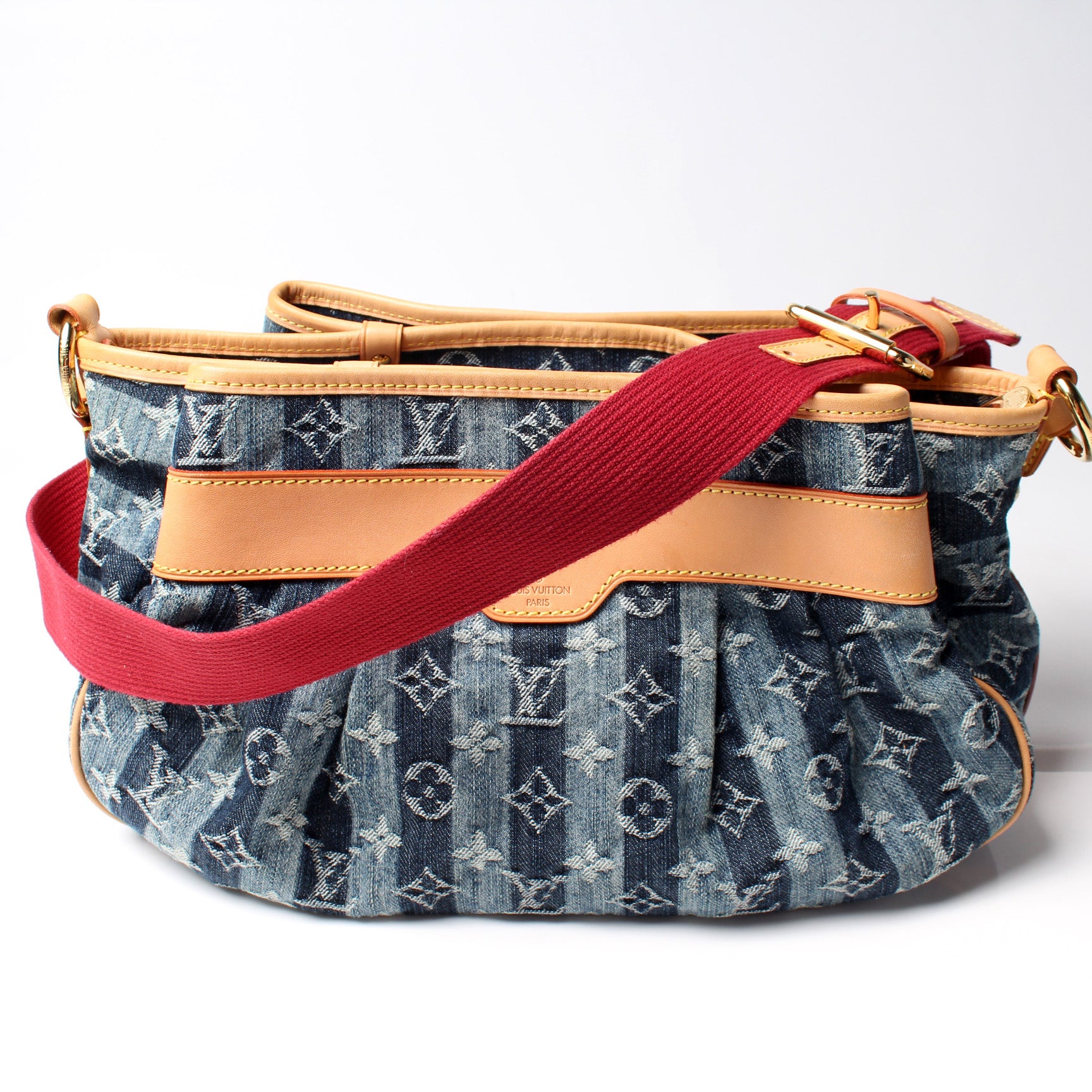 Authentic Louis Vuitton Denim Porte Epaule Raye MM Shoulder Bag M95336 Purse