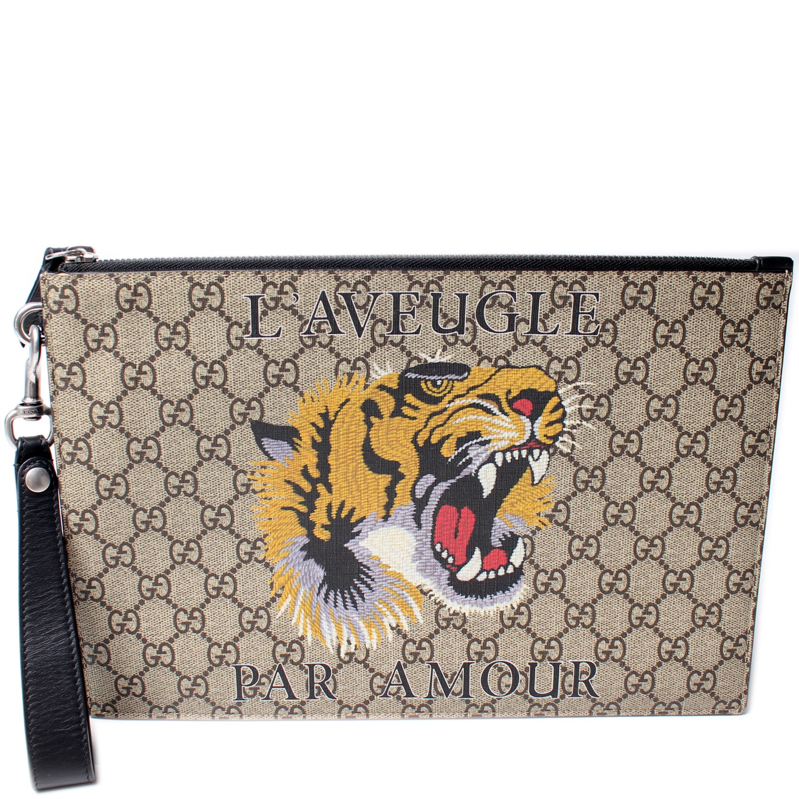 Gucci GG Supreme Monogram Tiger Zip Wristlet Pouch