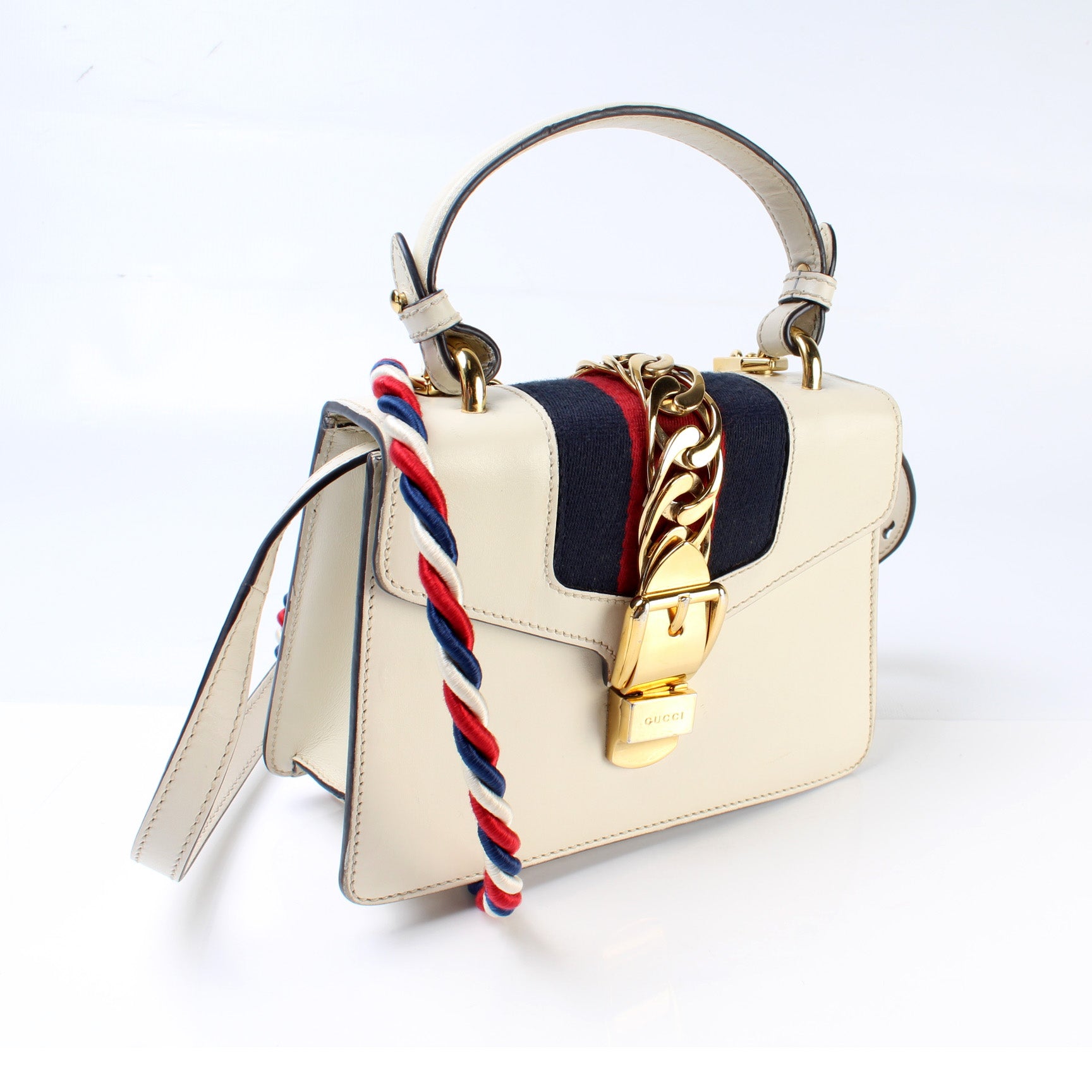 Gucci Sylvie Mini Leather Top Handle Crossbody Bag White 470270