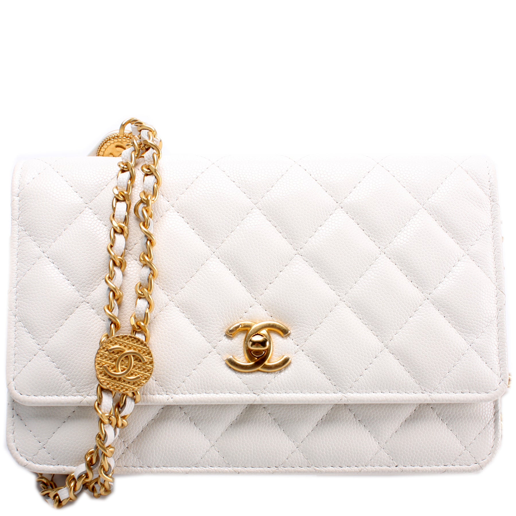 New CHANEL 23 Wallet on Chain Caviar Leather White WOC Bag Gold MICROCHIP  FRANCE