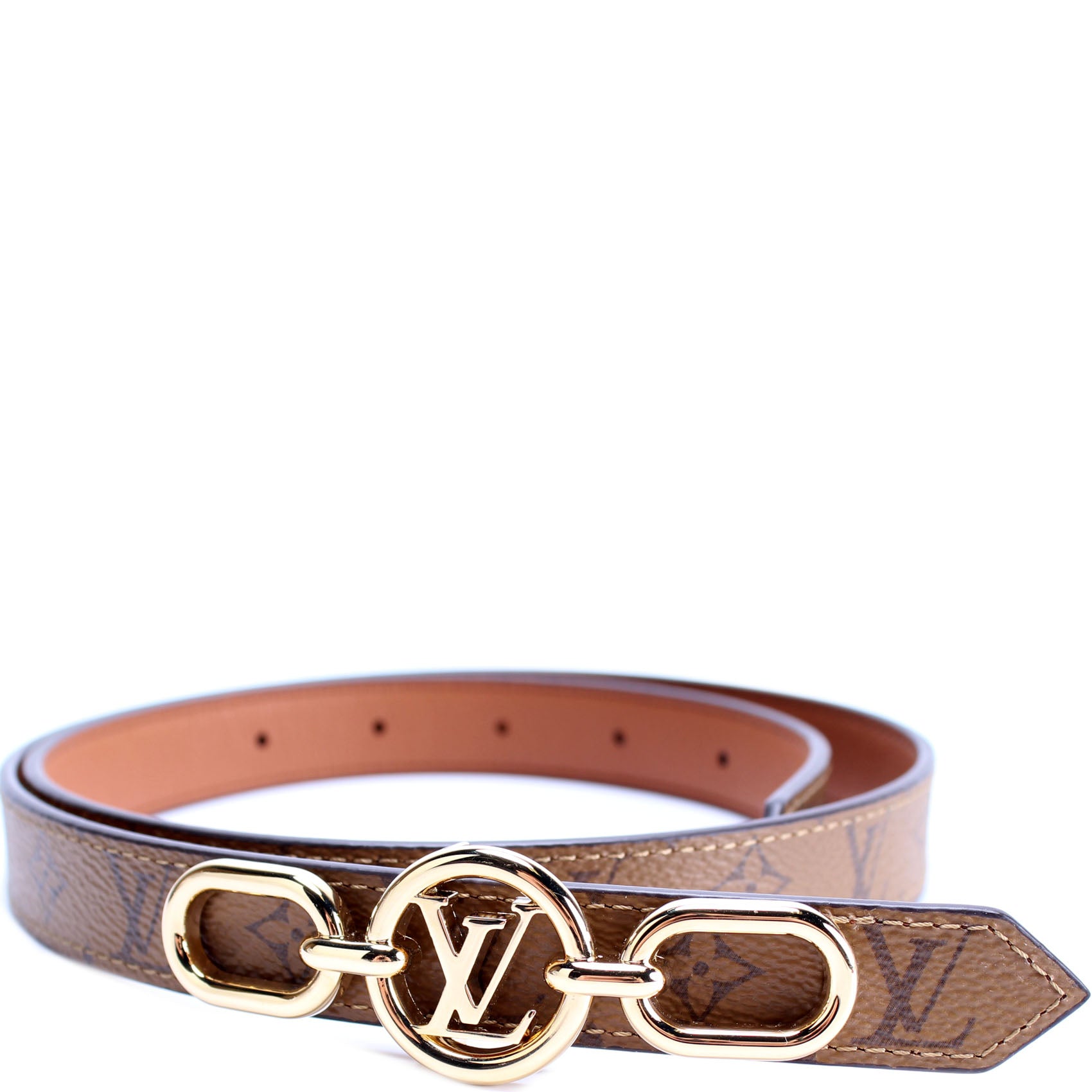 Louis Vuitton reversible red belt with gold circle buckle.