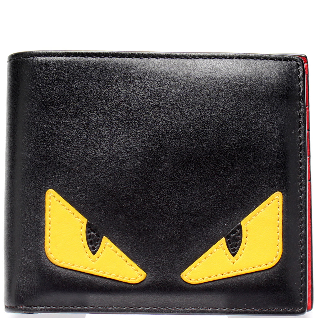 Auth FENDI Monster Bugs Eye Bifold Wallet Black Yellow Red Leather