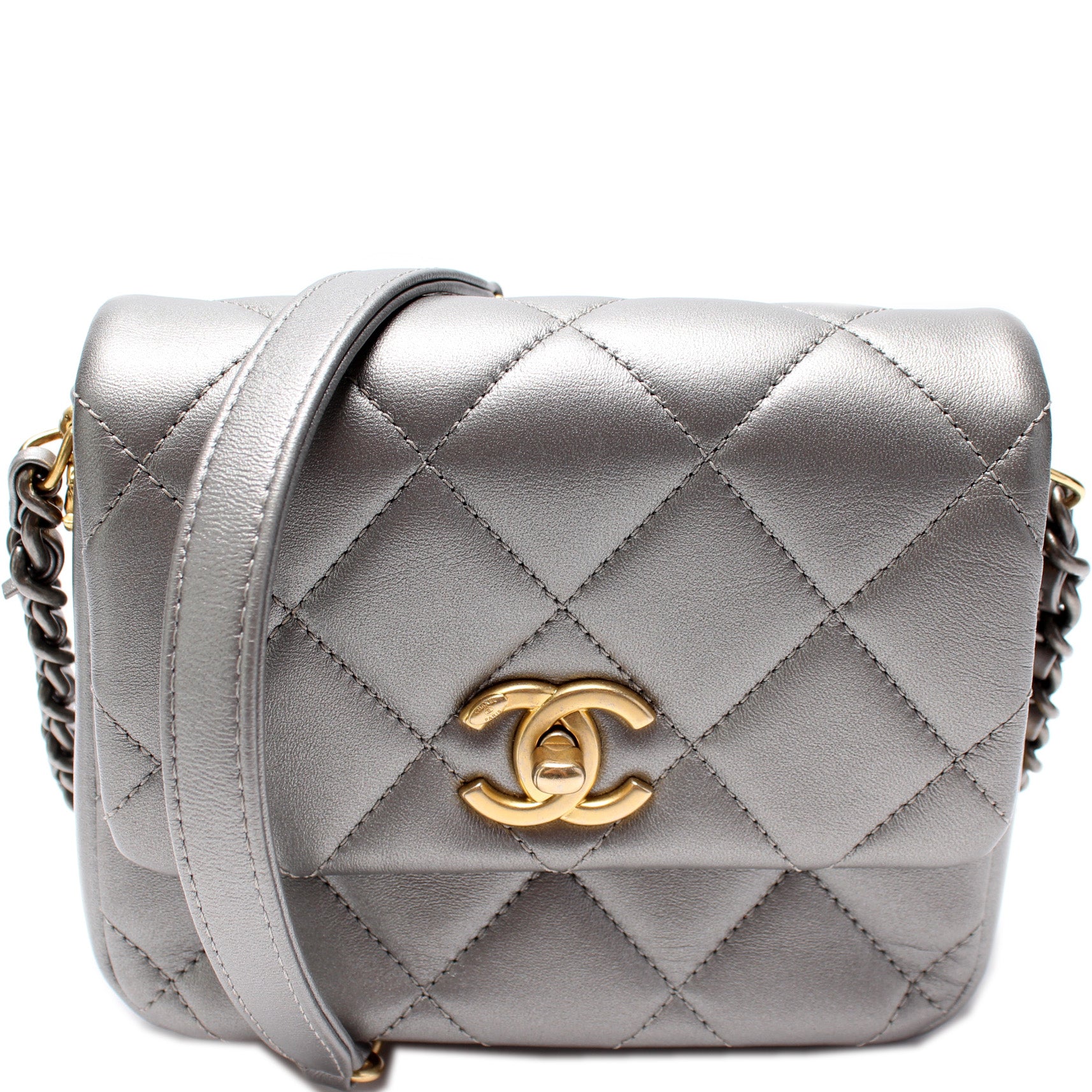 Chanel Mini Rectangular Flap Bag Silver Metallic Lambskin Silver Hardware