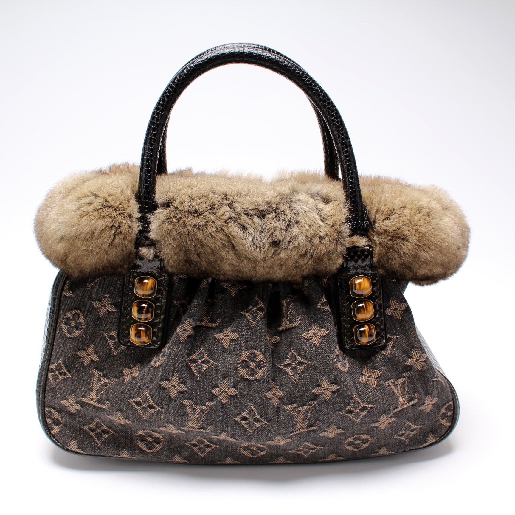 Louis Vuitton Trapeze Handbag Denim with Fur and Lizard PM