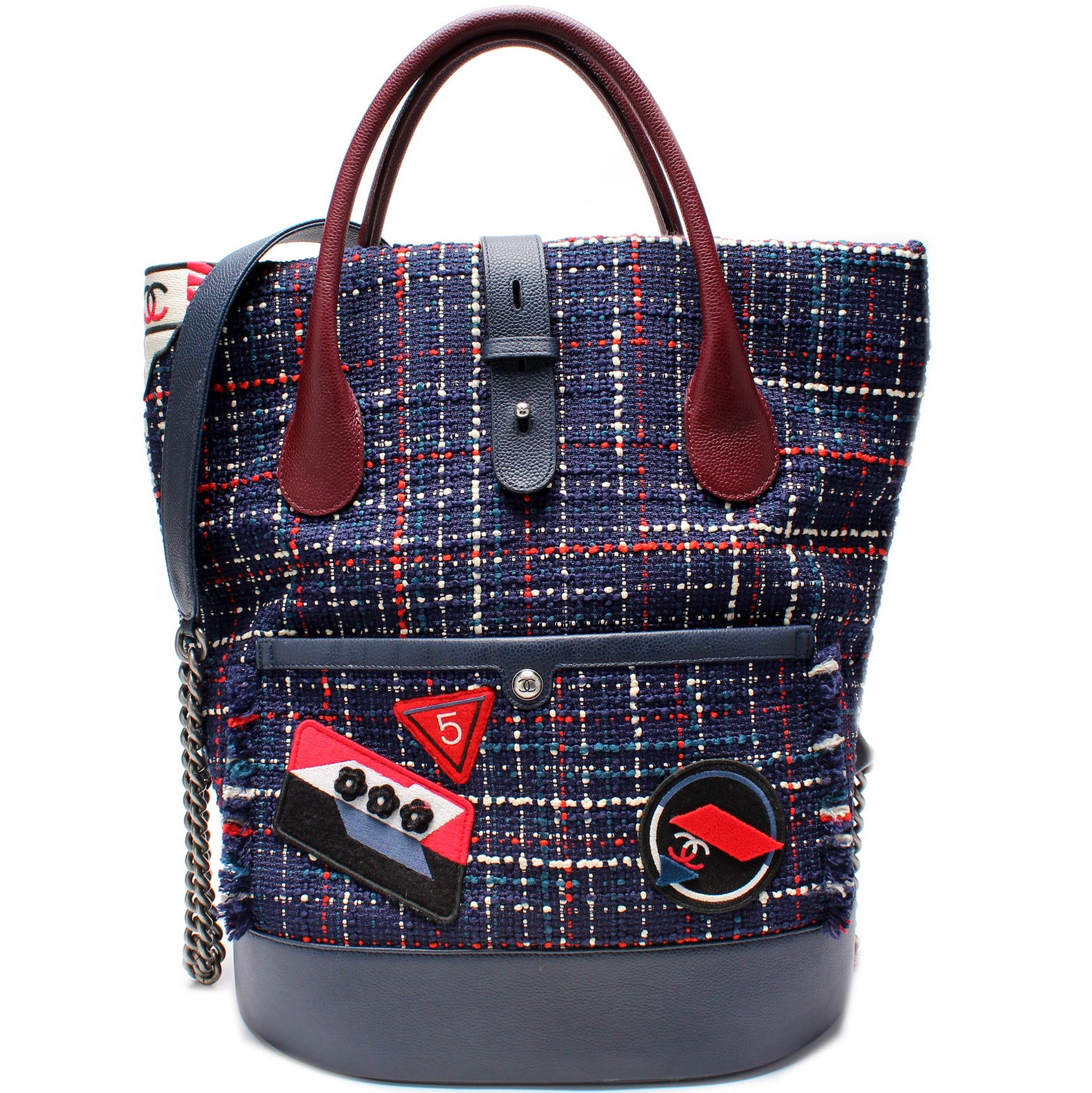 Chanel Blue, Pattern Print Crest Trip Tweed Bowling Bag Large