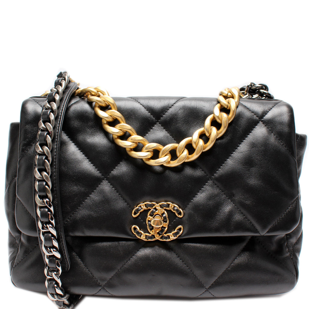 CHANEL 19 Large Flap Black Quilted Goatskin Leather Shoulder Bag