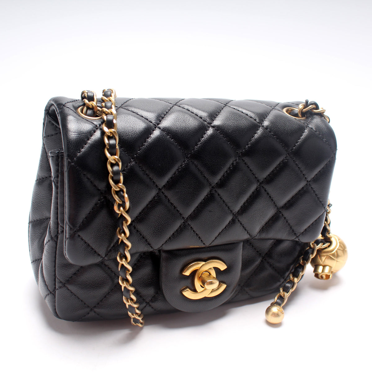 Chanel Pearl Crush Mini Square Flap Bag Black Lambskin Antique Gold Hardware
