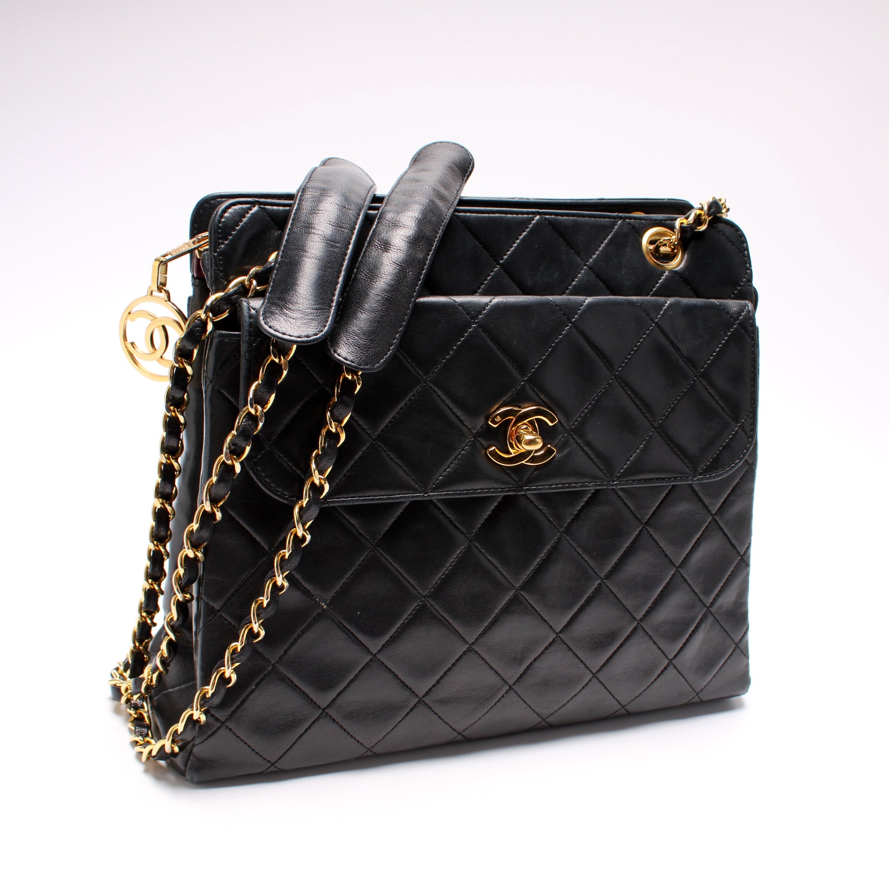 Chanel Vintage Chanel Front Pocket CC Lock Black Caviar Leather Tote