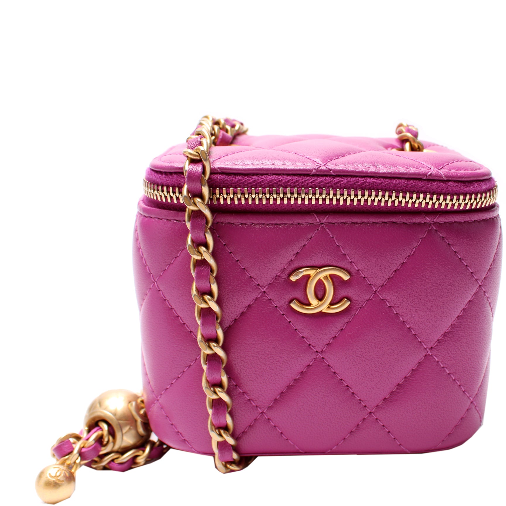 CHANEL Patent Quilted Pearl Crush Small Vanity Case With Chain Neon Pink |  FASHIONPHILE