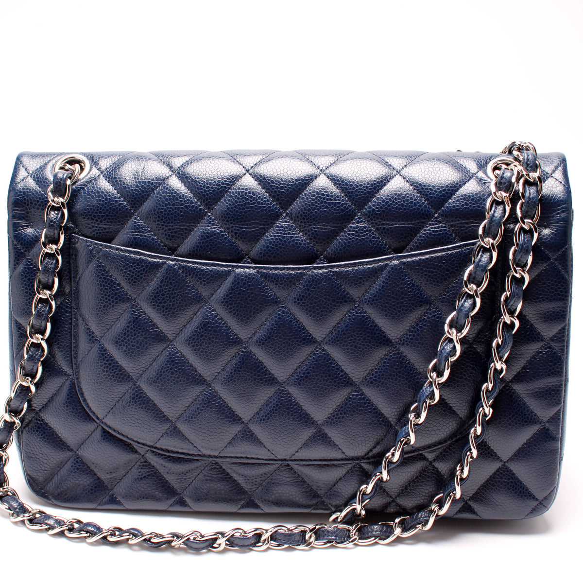New 18S Chanel Pearly Navy Blue Caviar Medium Classic Double Flap