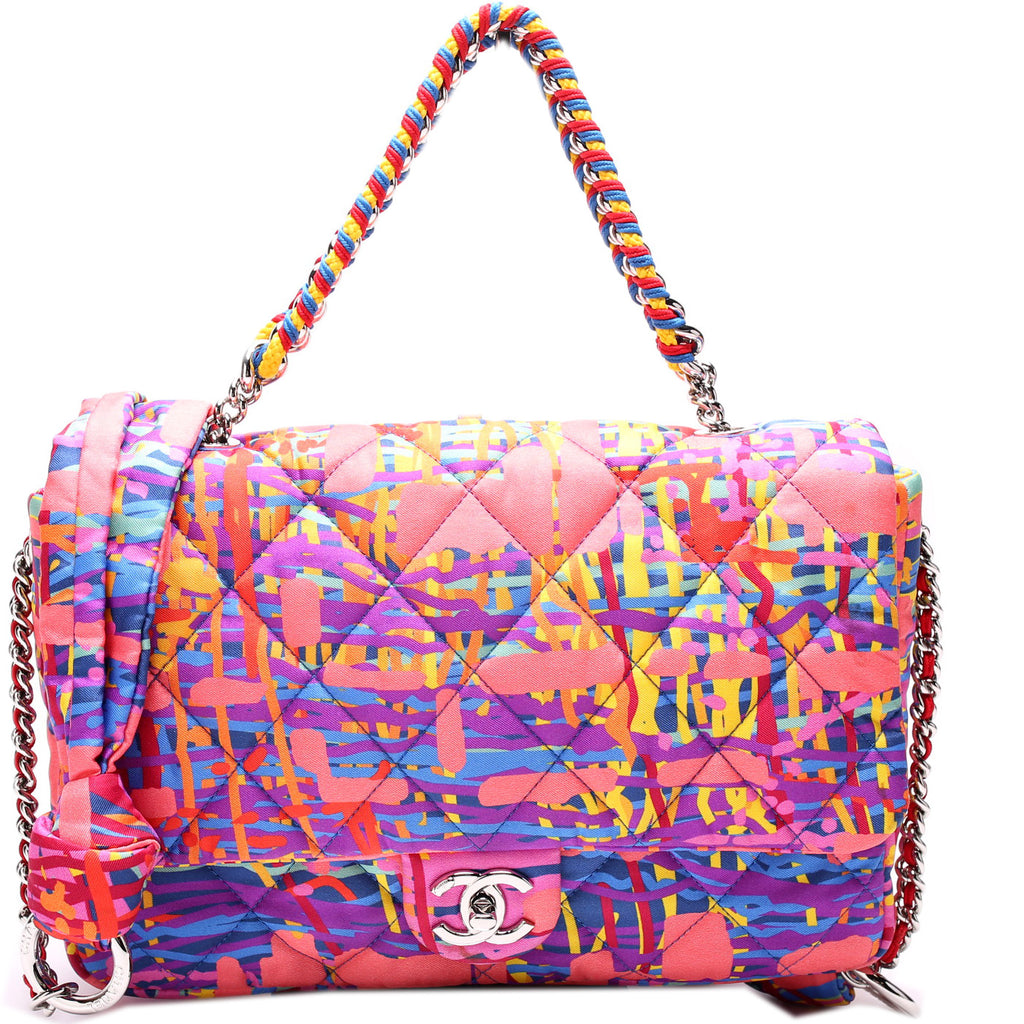 CHANEL Printed Fabric Quilted Logo Single Flap Bag Multicolor