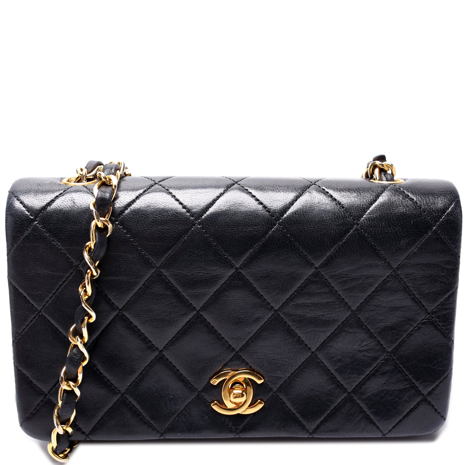 Vintage Black Lambskin Quilted Mini Full Flap Gold Hardware