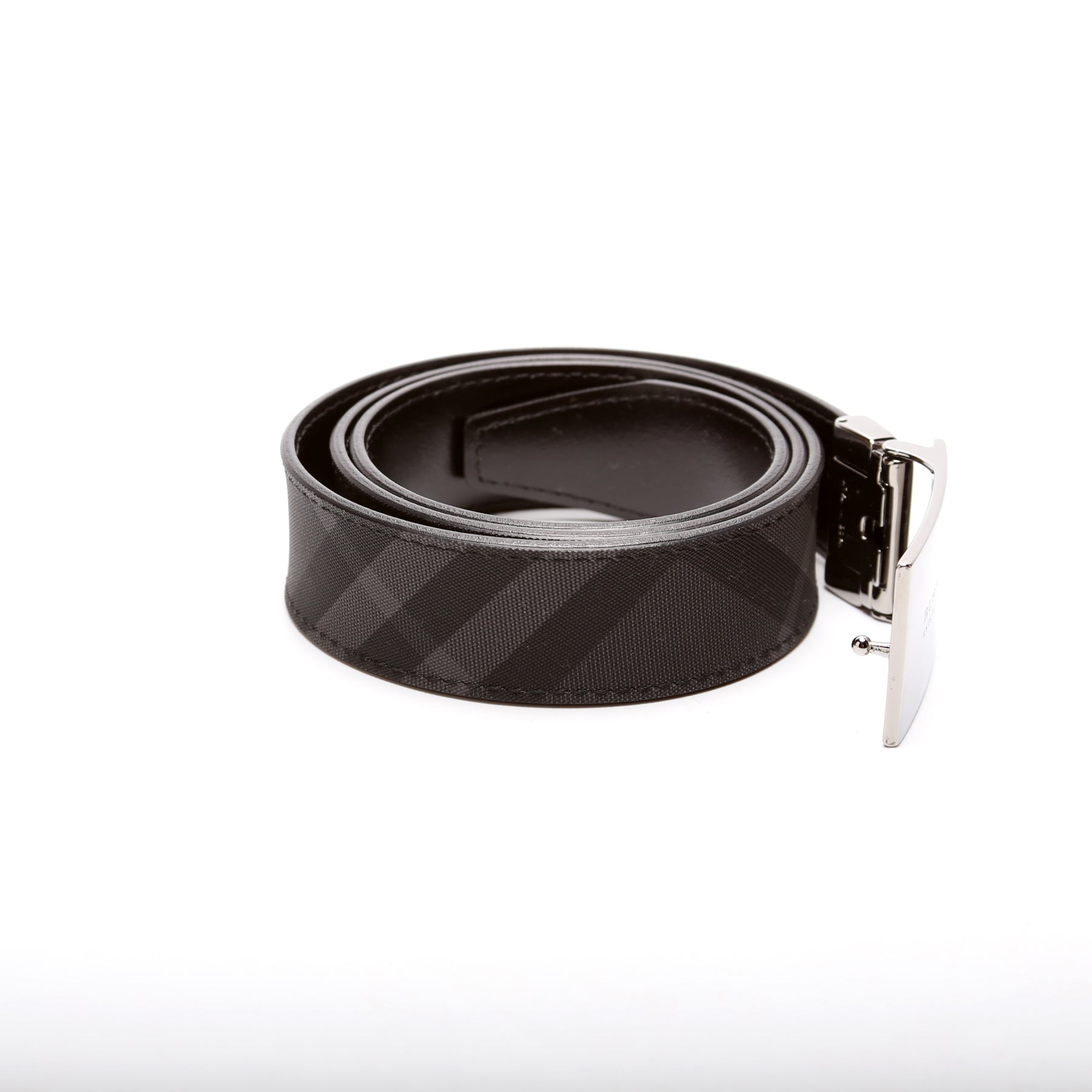 Check and Leather Reversible Belt in Charcoal/silver - Men