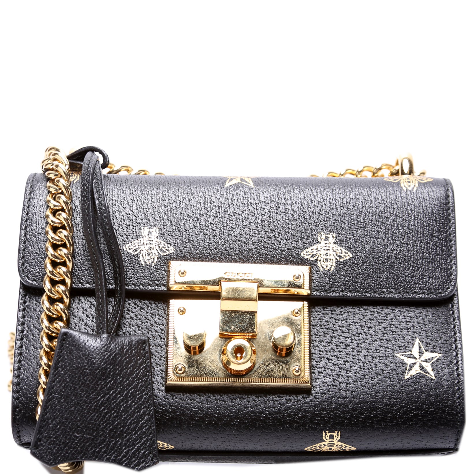 Gucci Padlock Bee Star Shoulder Bag Small Black in Leather with